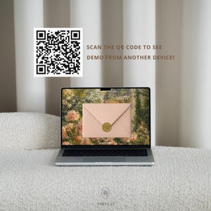 May include: A laptop displaying a digital invitation with a pink envelope and gold wax seal over a floral background. Above the screen, a QR code is visible with the text: SCAN THE QR CODE TO SEE DEMO FROM ANOTHER DEVICE! The logo NTIFF.CO is at the bottom.