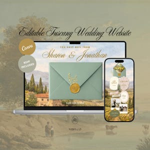 Plantilla web para bodas en Italia, diseño artístico en Canva, descarga digital, invitación con confirmación de asistencia, compatible con dispositivos móviles.
