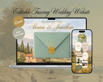 Plantilla web para bodas en Italia, diseño artístico en Canva, descarga digital, invitación con confirmación de asistencia, compatible con dispositivos móviles.