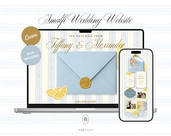 Plantilla de sitio web para bodas en Amalfi, Italia, sitio web de confirmación de asistencia editable en Canva, sitio web para bodas de destino, invitación italiana de alta calidad, sitio web para bodas de lujo