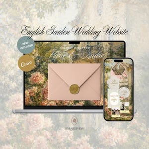 Puede incluir: Un portátil y un smartphone que muestran una plantilla de sitio web de boda English Garden. La pantalla muestra un sobre rosa con un sello de cera dorado, el texto Marie & Andre e imágenes florales. Insignias circulares dicen RSVP INCLUDED y Canva.