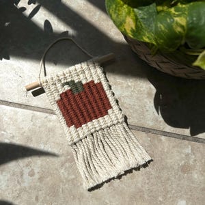 May include: A small, handmade wall hanging featuring a woven pumpkin design in shades of brown, green, and cream. The hanging has a wooden dowel at the top and a fringe of cream-colored yarn.