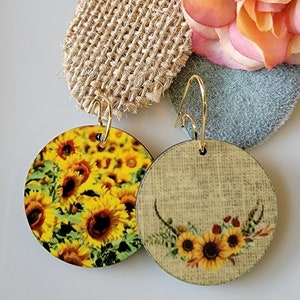 DOUBLE-SIDED / REVERSIBLE Earrings!  Unique and Fun Earrings, Lightweight, Fall Sunflower & Field of Sunflowers
