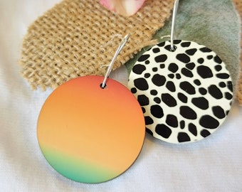 DOUBLE-SIDED / REVERSIBLE Earrings!  Unique and Fun Earrings, Lightweight, Summer Sunset & Cow Spots