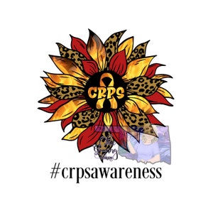 May include: A vibrant sunflower illustration with red, yellow, and leopard print patterns. The centre displays a yellow ribbon with the letters "CRPS" and the text "#crpsawareness" beneath. The design is set against a white backdrop.