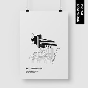 Fallingwater Digital Download, Frank Lloyd Wright,  Architecture graphic Poster, Architecture Drawing