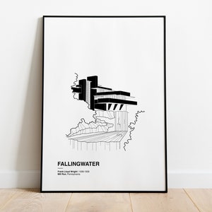 Fallingwater Print | Frank Lloyd Wright | Architecture graphic Poster | Architecture Drawing