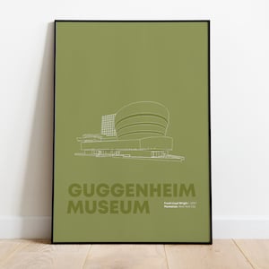 Peut inclure: Une affiche verte avec un dessin au trait blanc du musée Guggenheim à New York. Le texte "Guggenheim Museum" est sous le dessin, ainsi que le nom de l'architecte, Frank Lloyd Wright, et l'année de sa construction, 1959.