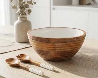 Wooden Serving Bowl with Servers, Handcrafted using Mango wood and white enamel