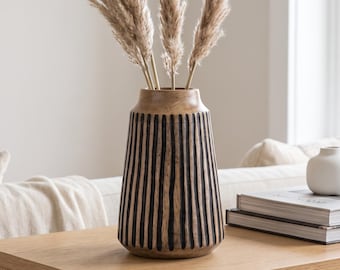 Mango Wood Vase with Black Accent Lines | Boho Home Decor Vase | Housewarming Gift for Her