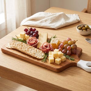 Long Acacia Wood Charcuterie Board | White Enamel Handle Serving Board | Hostess Gift for Her