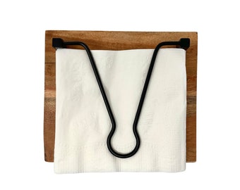 Porte-serviettes de table avec poids en métal noir, dessus de table de style rustique et campagnard pour mouchoirs en papier, 20 x 20 cm (20 x 20 cm), bois massif, finition naturelle