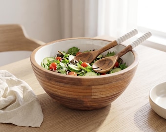 Mango Wood Serving Bowl with Servers | Handcrafted Salad Bowl Set | Housewarming Gift for Her