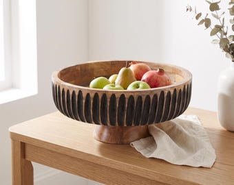 Mango Wood Decorative Bowl | Carved Black Line Centrepiece | Housewarming Gift for Her