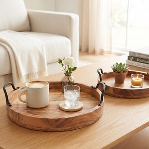 Acacia Wood Round Tray Set of 2 | Black Handle Nesting Ottoman Trays | Housewarming Gift