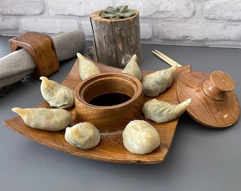 Chip & Dip Platter, handcrafted with Acacia Wood, Perfect for Serving Snacks with dip like Rolls, Wings, Sushi, Dumplings