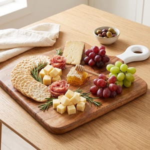 Large Square Acacia Wood Charcuterie Board | White Enamel Handle Serving Board | Housewarming Gift