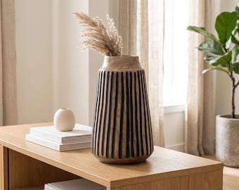 Large Mango Wood Vase with Black Accent Lines | Boho Home Decor | Housewarming Gift for Her