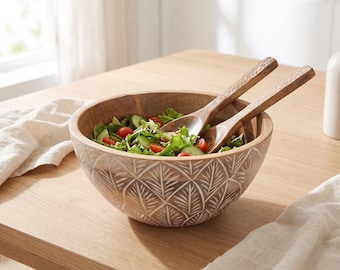 Mango Wood Salad Bowl with Servers | Whitewash Carved Leaf Design | Housewarming Gift for Her
