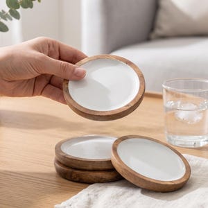 Mango Wood Deep Dish Coasters Set of 4 | White Enamel | Modern Home Decor Housewarming Gift
