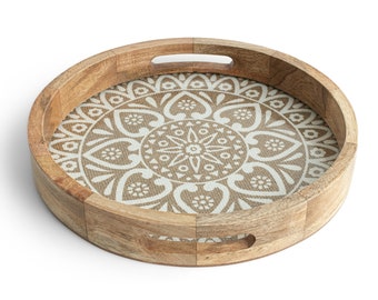 Wooden decorative Tray with Cotton Mat & Glass, Handcrafted 14" Round Coffee Table Serving Tray, Kitchen Decor Tray, Mango Wood, Natural