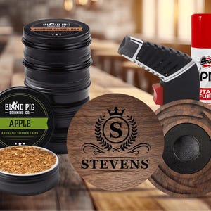 Personalized Whiskey Smoker Kit - Father&#39;s Day Gift in Oak or Walnut with Torch, Butane, and 6 Wood Chips for Whiskey Lovers and Home Bars