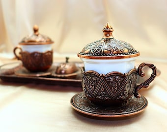 Flower Embroidered Premium Copper Coffee Set, Traditional Turkish Coffee Cups and Copper Coffee Pot, Espresso Cups, Briki Set