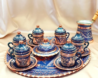 Royal Blue Turkish Copper Coffee Set of 6 with Briki, Espresso Cup Set, Coffee Lover Gifts , Gift for Couple, Birthday Gift, Ibrik