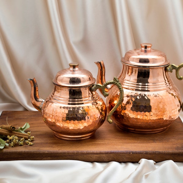 Machine à thé en cuivre, théière turque en cuivre martelé avec gravures, bouilloire à thé sur la cuisinière, théière anglaise, thé turc, cadeau pour elle