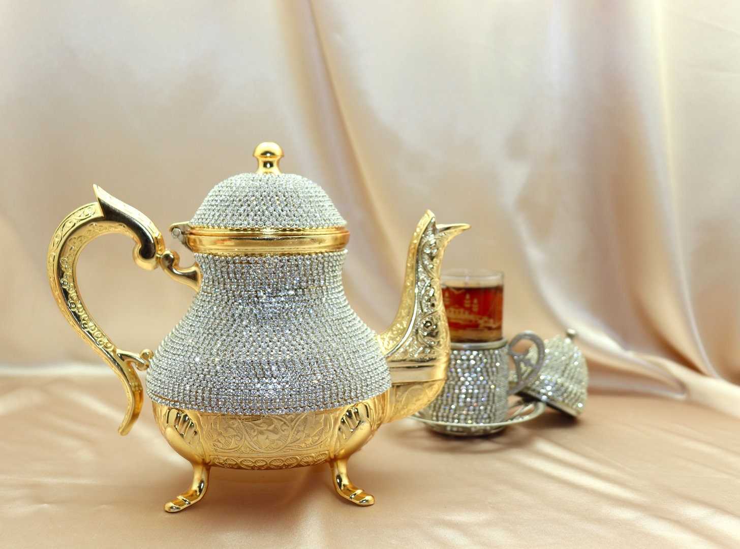 Turkish Tea Set (of 18) Glass Kahwa Cup Saucer Ottoman Golden Xmas Gift