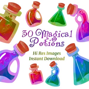May include: 30 Magical Potions - A digital download of 30 watercolor illustrations of colorful potion bottles with cork tops.  The bottles are in various shapes and sizes, and the liquid inside is a mix of colors.