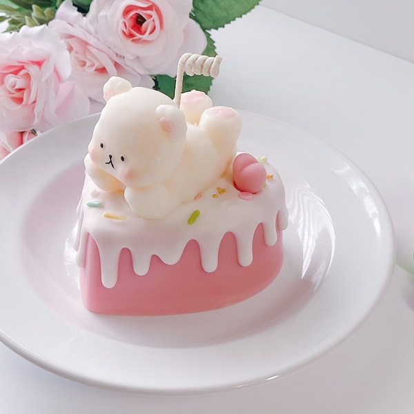 Bear Heart Cake Candle, Gift For Her, Dessert Candles, Cake Candle, Kawaii Candle, Fake Cake, Birthday Gift, Food Candle, Cute Candles