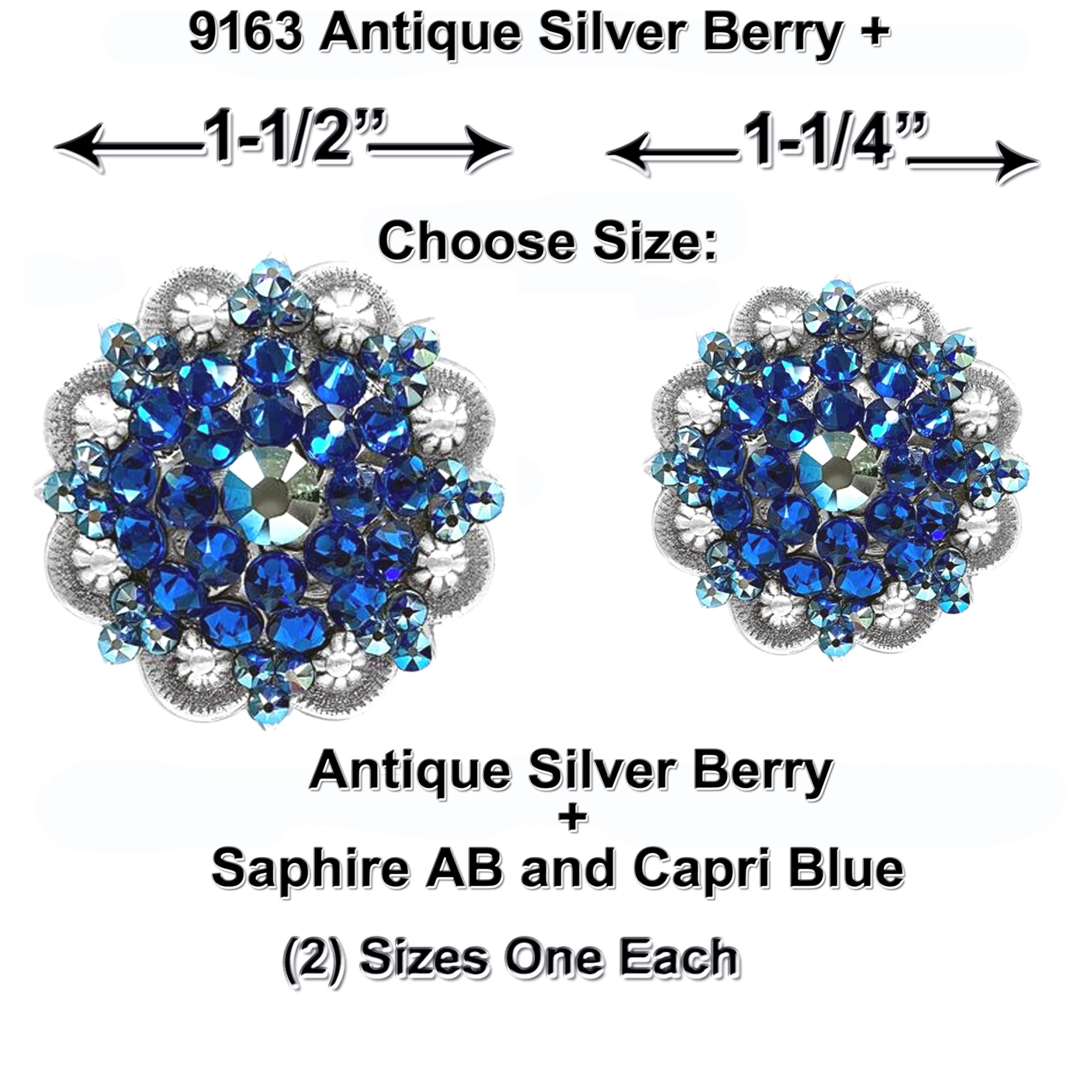 Antique Silver Berry Concho: Sapphire Rhinestones, Western 