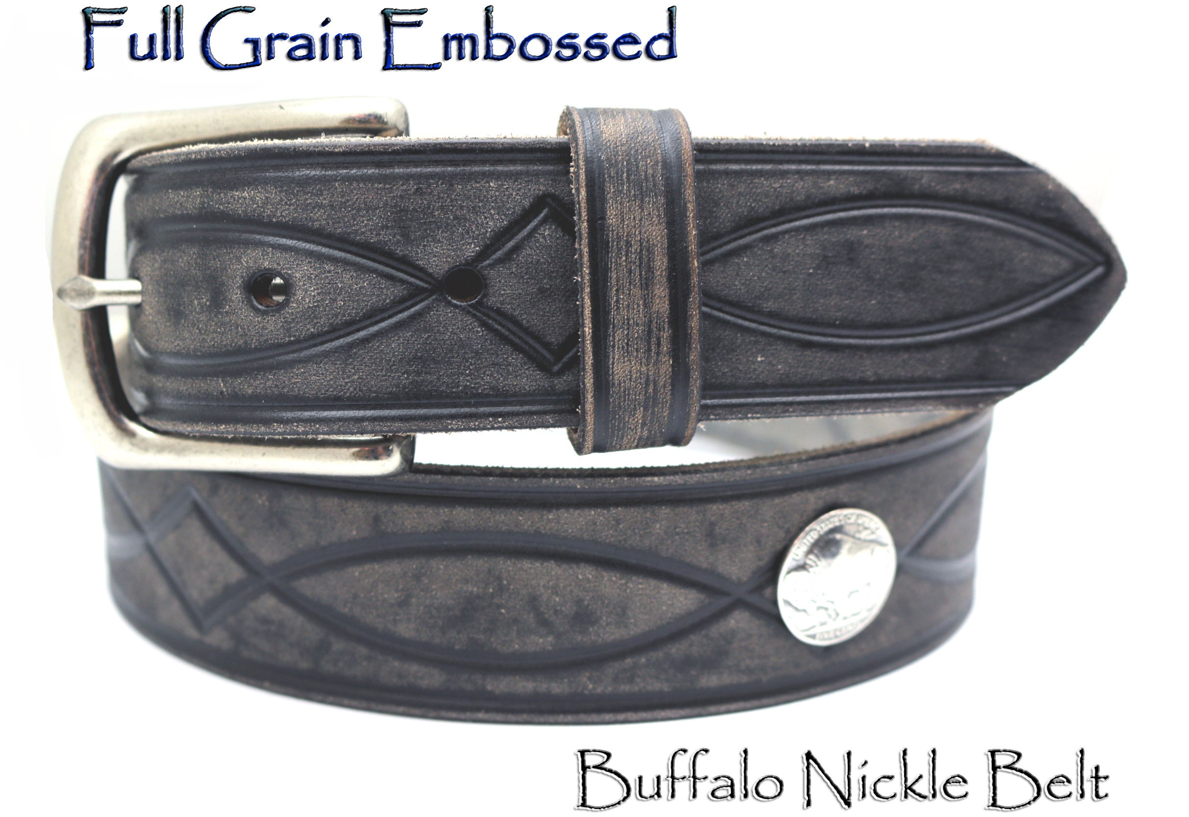 32" 46" 1-1/2" WIDE MEN'S GRAY FULL GRAIN TOOLED LEATHER BUFFALO NICKLE SIZES 32" 46" 1-1/2" WIDE MEN'S GRAY FULL GRAIN TOOLED LEATHER BUFFALO NICKLE SIZES
