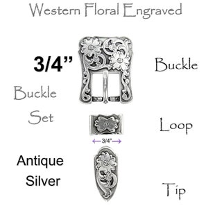 Western Floral Engraved Hand Polished Belt Buckle Set Fits 3/4&quot; (19mm) Belt (Antique Silver)