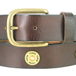 Shotgun Shell Full Grain Leather Casual Vintage Belt with Antique Brass Buckle (3-Colors) available: 32&quot;- 46&quot; 1-1/2&quot; WIDE