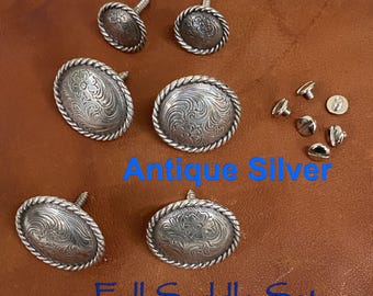 Saddle Set Antique Silver Rope Edge Conchos - Western Saddle Set, 6 Pieces