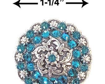 Antique Silver Berry Concho: Western Blue Zircon Rhinestones (1-1/4" Wide)