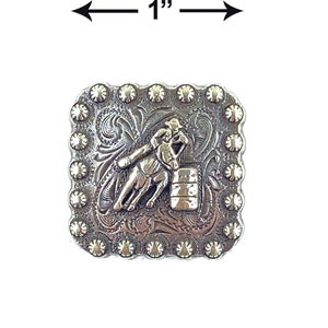 May include: Silver-toned metal belt buckle with a detailed design of a horse and rider barrel racing. The buckle is square and has a decorative border of small studs.