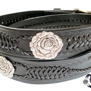 Handmade Woven Leather Belt: Western Rose Conchos, Vintage Style