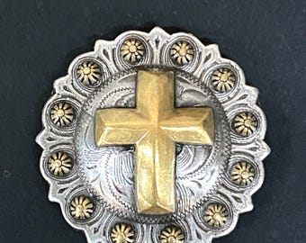 Engraved Christian Cross Conchos: Antique Silver & Gold Rodeo Berry Design