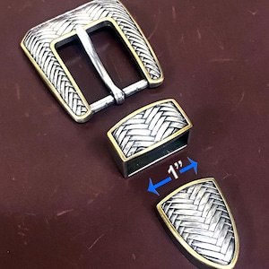 Elegant Cross Hatch Design Belt Buckle Set - Antique Silver & Gold for 1-Inch Strap