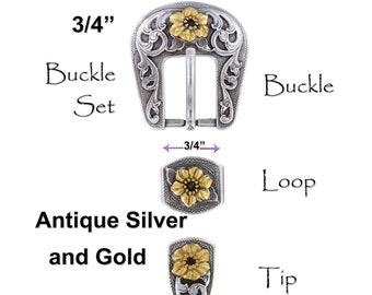 Antique Silver and Gold-Cowboy Chic-Western Floral 3-Piece Belt Buckle Set 3/4-inch Strap