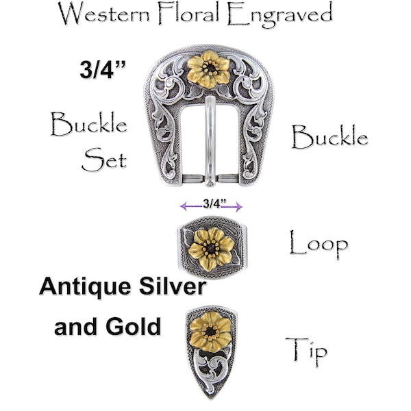 Western 3-D Floral Engraved Hand Polished Belt Buckle Set Fits 3/4" (19mm) Belt (Antique Silver and Gold) S5445-1 ASAG