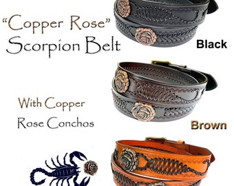 Western "Copper Rose" Vintage Scorpion Woven Genuine Leather Belt with Antique Copper Rose Conchos 1-1/2" Wide USA MADE