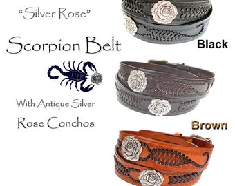 Western "Silver Rose" Vintage Style Scorpion Woven Genuine Leather Belt with Antique Silver Rose Conchos 1-1/2" Wide HANDMADE