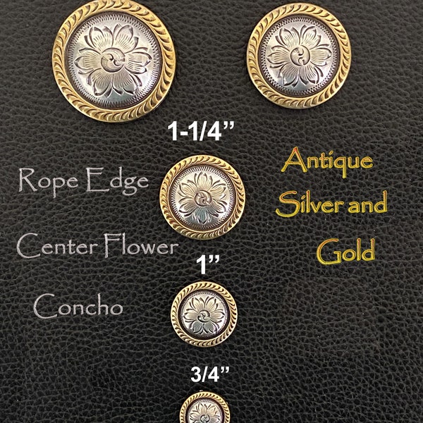 Concho Lot of 6 Antique Silver and Gold Rope Edge Center Flower Western Craft FA5984 ASAG Series FIVE Sizes New