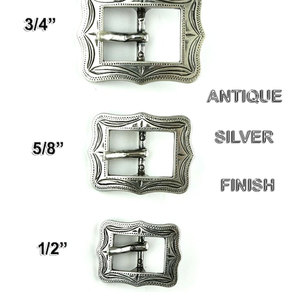 Western Engraved Center Bar Cart Bridle Buckle Antique Silver Finish Rodeo 3 Sizes