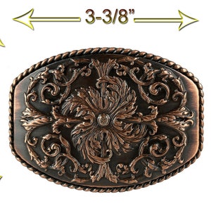Western Style Floral Cowboy Cowgirl (3) Floral Finishes: Copper, Patina and Antique Silver Engraved Rope Edge Trophy Buckles 1-1/2&quot;