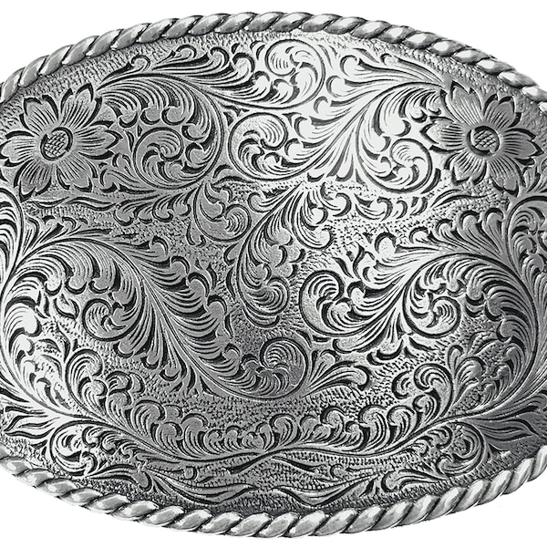 Large Western Engraved Antique Silver Cowboy/Cowgirl Rope Edge Border Designer Trophy Buckle fits: 1-1/2" NEW